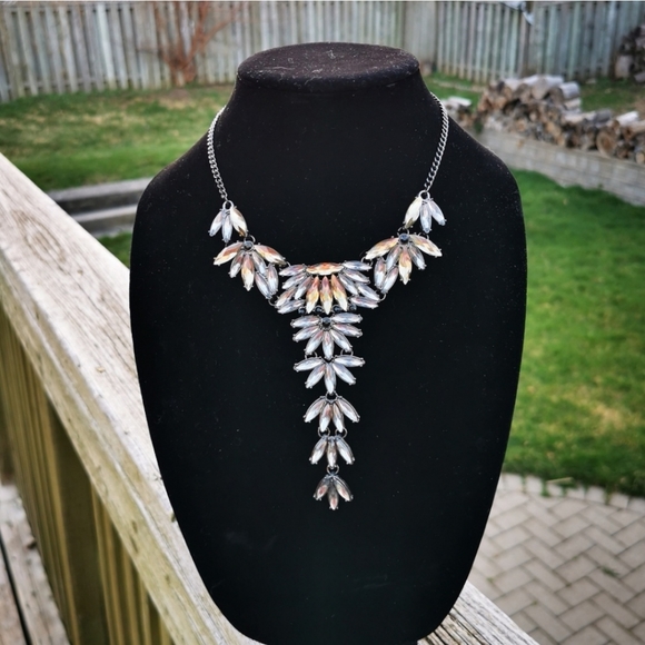 Smokey Gray and Light Amber Rhinestone Long Front Statement Necklace - Picture 2 of 15